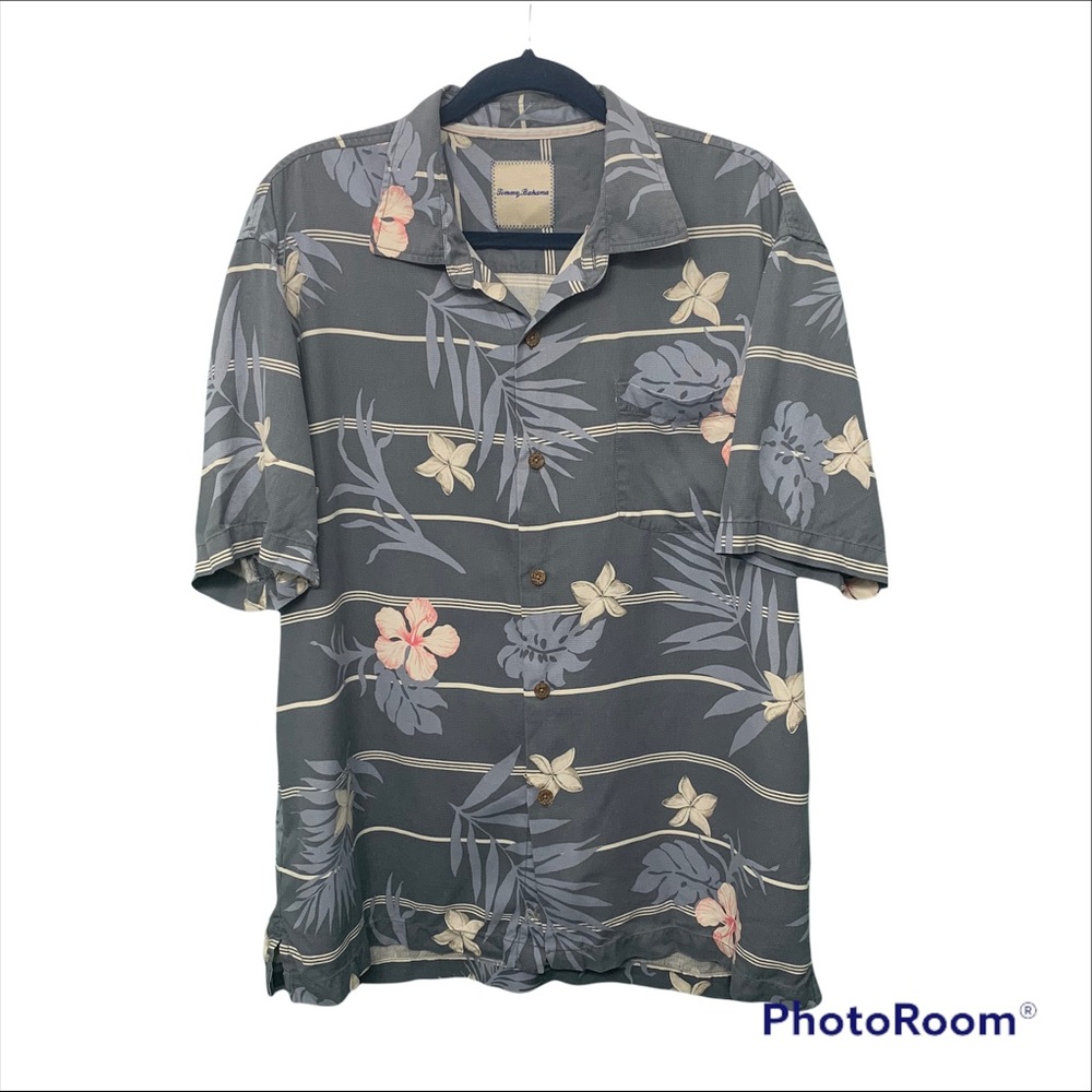 Tommy Bahama Gray Floral Casual Button Down Shirt